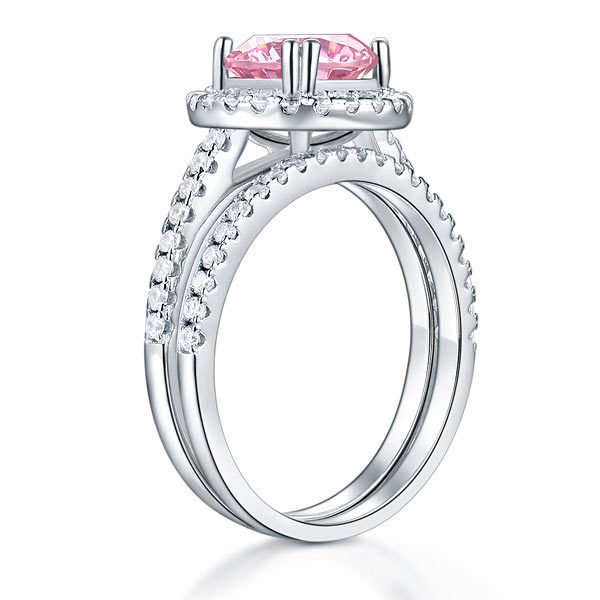 925 Sterling Silver Wedding Engagement Halo Ring Set 2 Carat Pink Simulated Diamond Wedding Jewelry