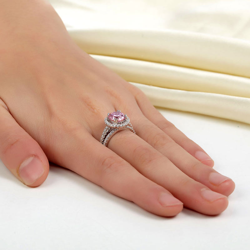 925 Sterling Silver Wedding Engagement Halo Ring Set 2 Carat Pink Simulated Diamond Wedding Jewelry