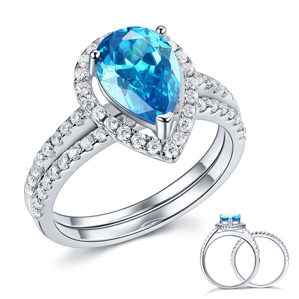 Sterling 925 Silver Bridal Wedding Engagement Ring Set 2 Carat Pear Fancy Blue Simulated Diamond Jewelry