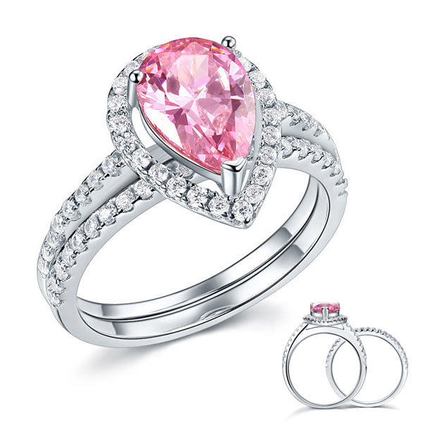 Sterling 925 Silver Bridal Wedding Engagement Ring Set 2 Carat Pear Fancy Pink Simulated Diamond Jewelry