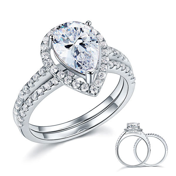 Solid Sterling 925 Silver Bridal Wedding Promise Engagement Ring Set 2 Ct Pear Jewelry