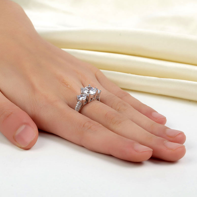 925 Sterling Silver 3-Stone Wedding Ring 2 Carat Simulated Diamond Jewelry Vintage Style