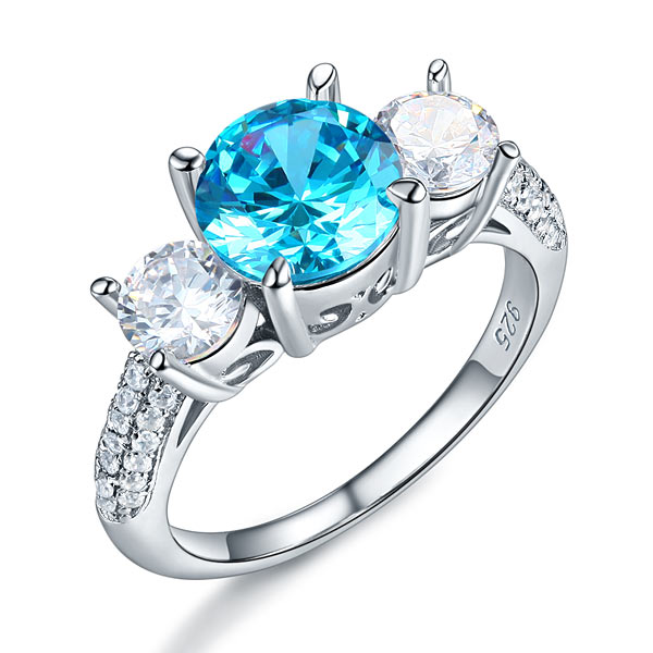 925 Sterling Silver 3-Stone Bridal Ring 2 Carat Simulated Blue Diamond Vintage Style Jewelry