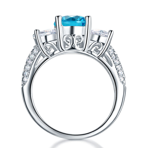925 Sterling Silver 3-Stone Bridal Ring 2 Carat Simulated Blue Diamond Vintage Style Jewelry