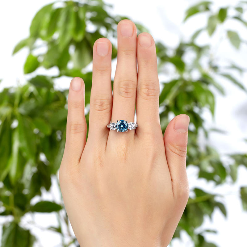 925 Sterling Silver 3-Stone Bridal Ring 2 Carat Simulated Blue Diamond Vintage Style Jewelry
