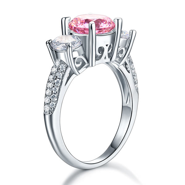 925 Sterling Silver 3-Stone Wedding Ring 2 Carat Fancy Pink Simulated Diamond Jewelry Vintage Style