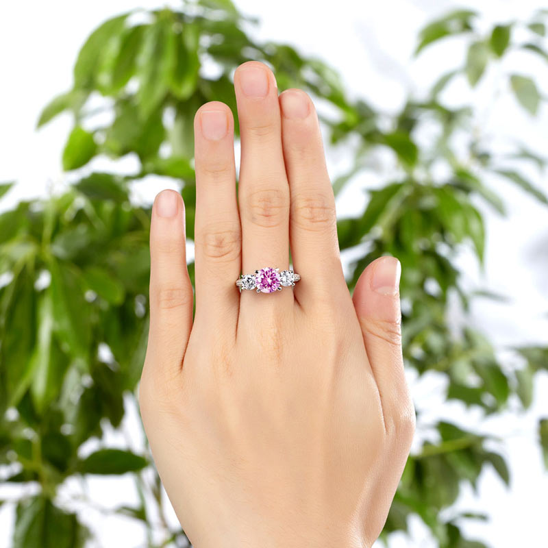 925 Sterling Silver 3-Stone Wedding Ring 2 Carat Fancy Pink Simulated Diamond Jewelry Vintage Style