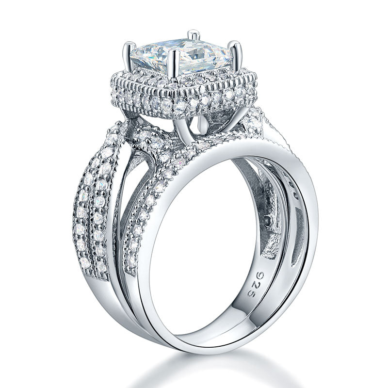 Solid 925 Sterling Silver Wedding Anniversary Engagement Ring Set Vintage Style Princess