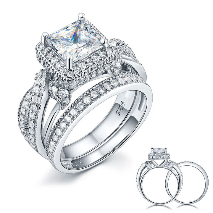 Solid 925 Sterling Silver Wedding Anniversary Engagement Ring Set Vintage Style Princess