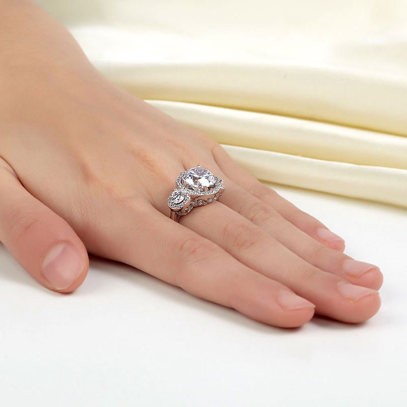 Three-Stone 925 Sterling Silver Promise Engagement Ring Vintage Victorian Art Deco 3.5 Ct