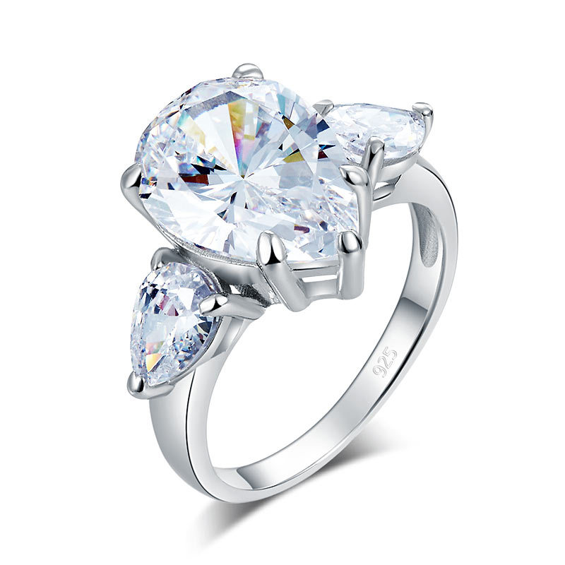 Pear Cut 4 Carat Solid 925 Sterling Silver Ring Three-Stone Pageant Luxury Jewelry