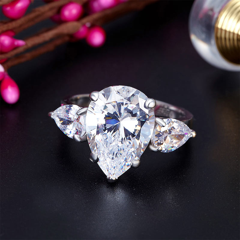 Pear Cut 4 Carat Solid 925 Sterling Silver Ring Three-Stone Pageant Luxury Jewelry