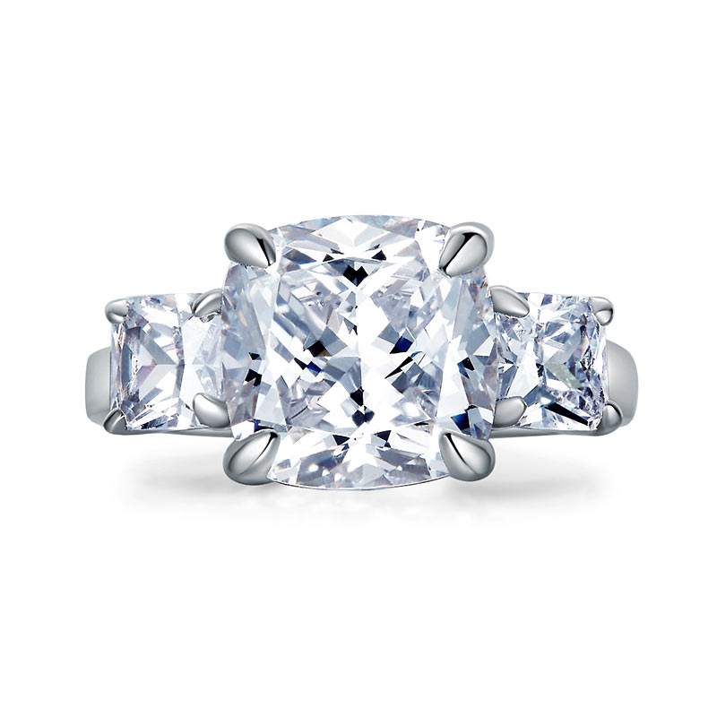 Cushion Cut 4 Carat Solid 925 Sterling Silver Ring Three-Stone Pageant Luxury Jewelry