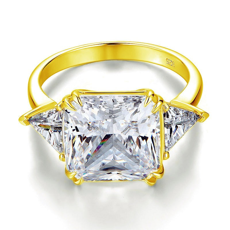 Solid 925 Sterling Silver Three-Stone Luxury Ring Anniversary 8 Carat Simulated Diamond Yellow Gold Plated