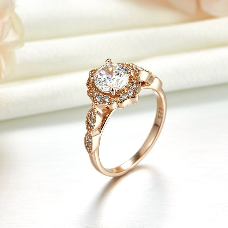 Vintage Style Art Deco Ring Solid 925 Sterling Silver Rose Gold Plated 1 Carat