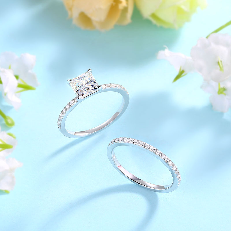 Princess Cut 1 Carat Moissanite Diamond Ring Set (1 pcs / 2 pcs) 925 Sterling Silver