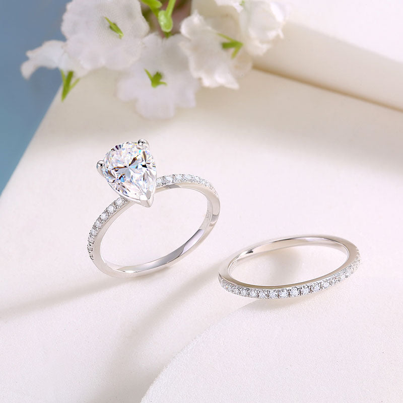 2 Carat Pear Cut Moissanite Diamond Ring Set (1 pcs / 2 pcs) 925 Sterling Silver