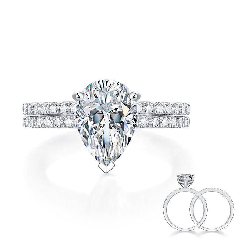 2 Carat Pear Cut Moissanite Diamond Ring Set (1 pcs / 2 pcs) 925 Sterling Silver