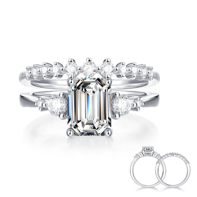 2 Carat Emerald Cut Moissanite Diamond Ring Set ( 2 pcs) 925 Sterling Silver