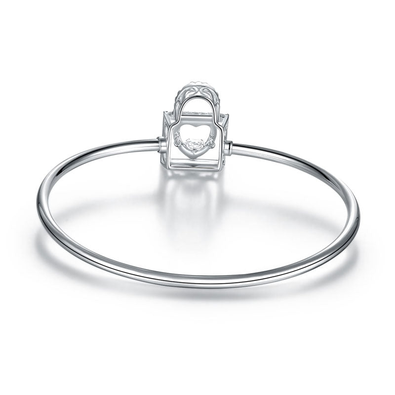 Heart Lock Dancing Stone Bangle Solid 925 Sterling Silver Good for Bridal Bridesmaid Gift