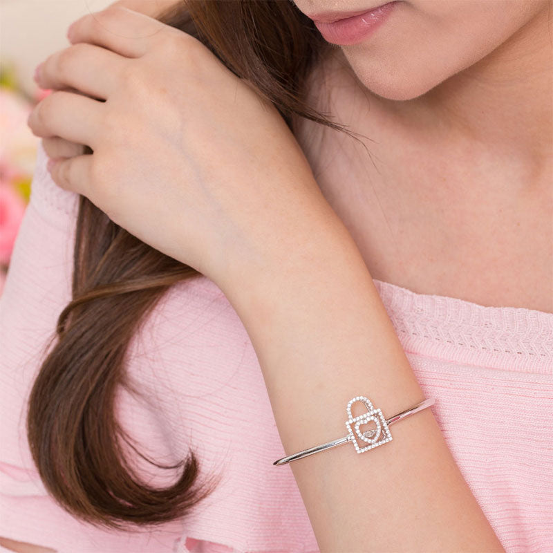 Heart Lock Dancing Stone Bangle Solid 925 Sterling Silver Good for Bridal Bridesmaid Gift