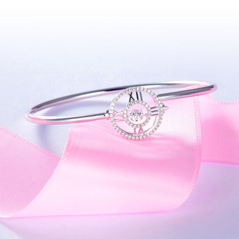Roman Number Dancing Stone Bangle Solid 925 Sterling Silver for Women