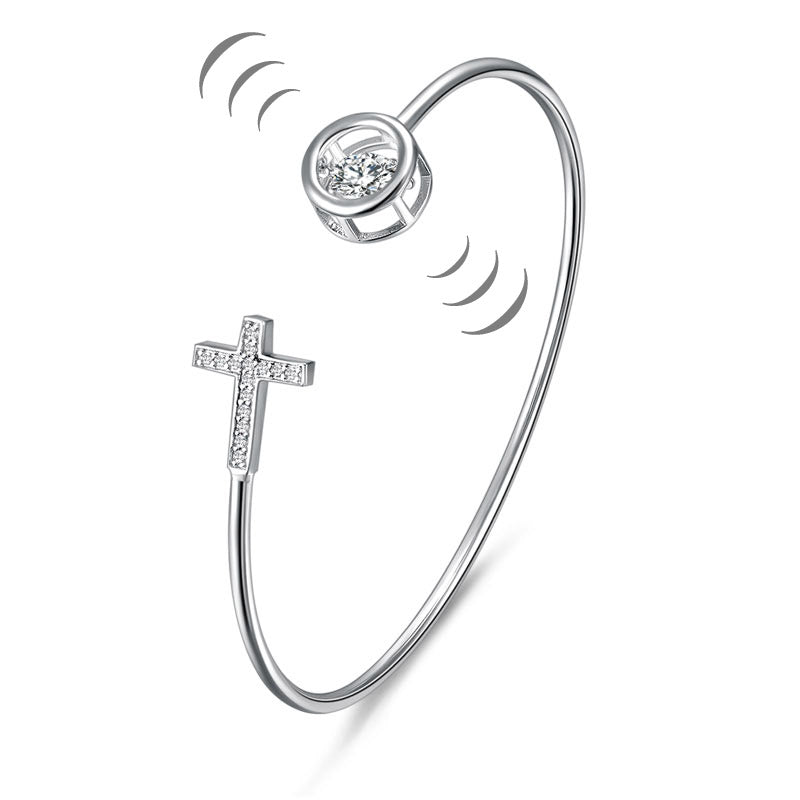 Dancing Stone Cross Bangle Solid 925 Sterling Silver Bridal Wedding