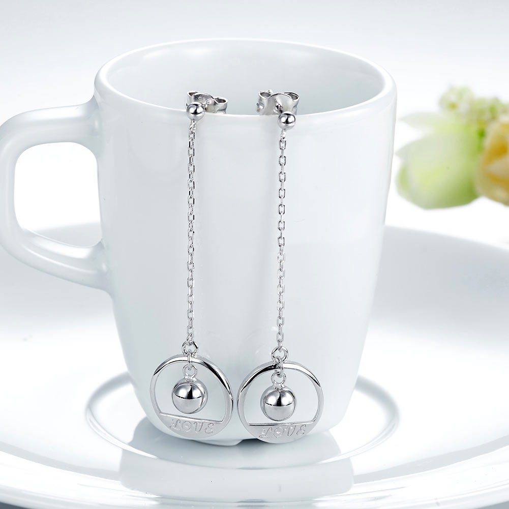 Solid 925 Sterling Silver Long Drop Dangle Love Earrings