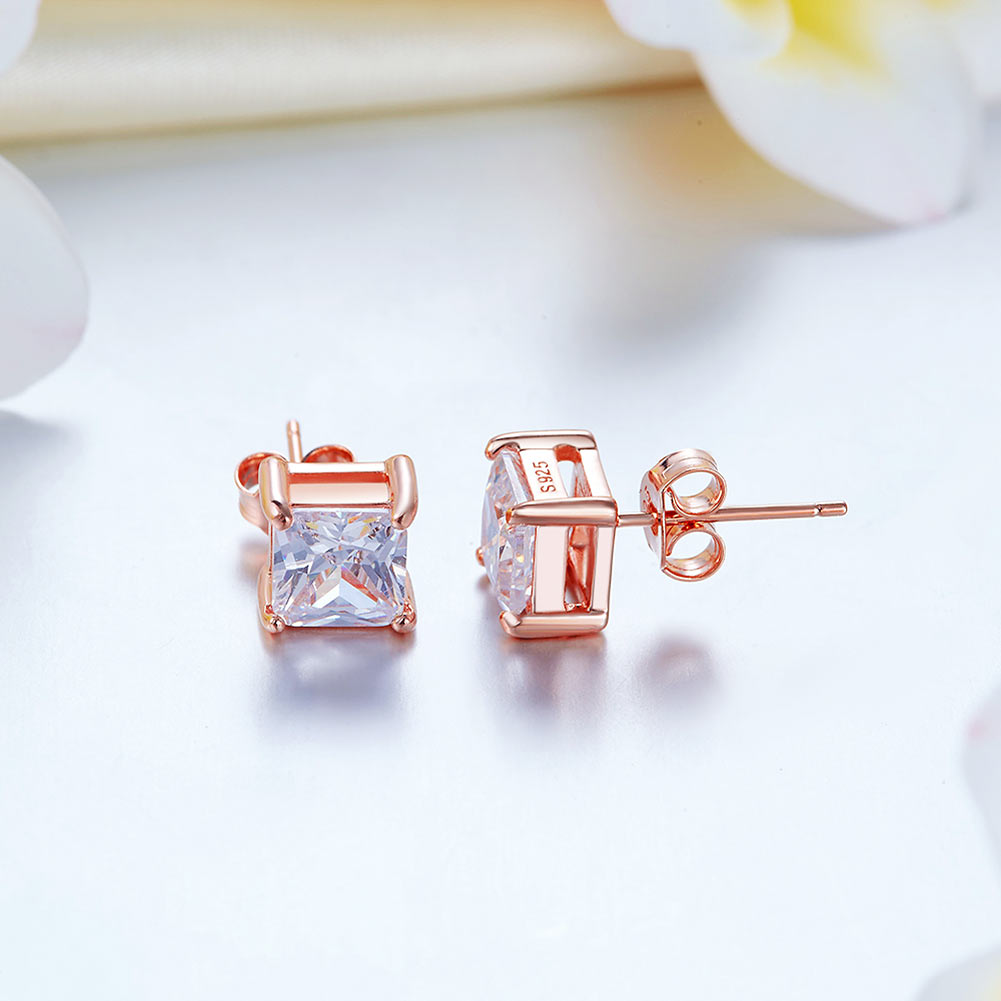 1 Ct Princess Cut Simulated Diamond Stud Earrings 925 Sterling Silver Rose Gold Plated