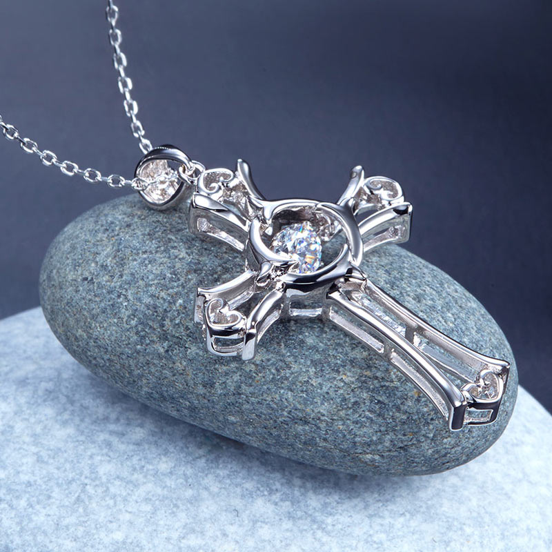 Dancing Stone Heart Cross Pendant Necklace 925 Sterling Silver