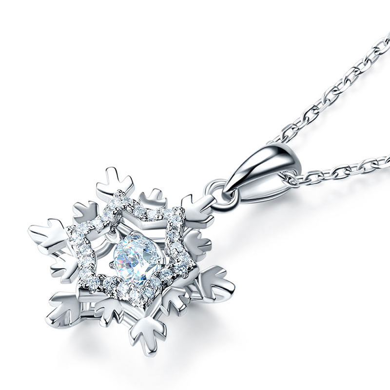 Dancing Stone Snowflake Pendant Necklace 925 Sterling Silver Good for Bridal Bridesmaid Gift