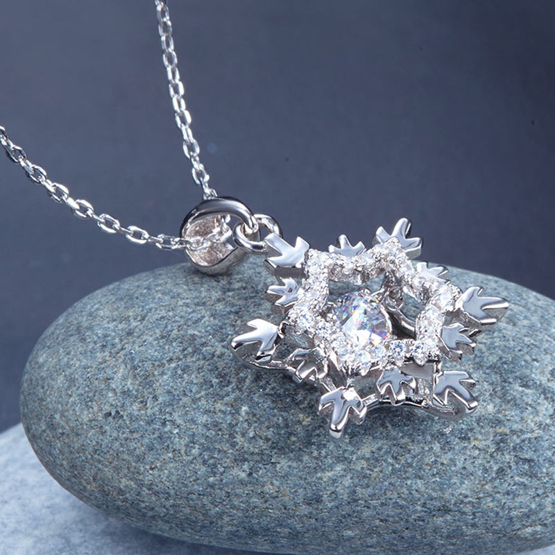 Dancing Stone Snowflake Pendant Necklace 925 Sterling Silver Good for Bridal Bridesmaid Gift