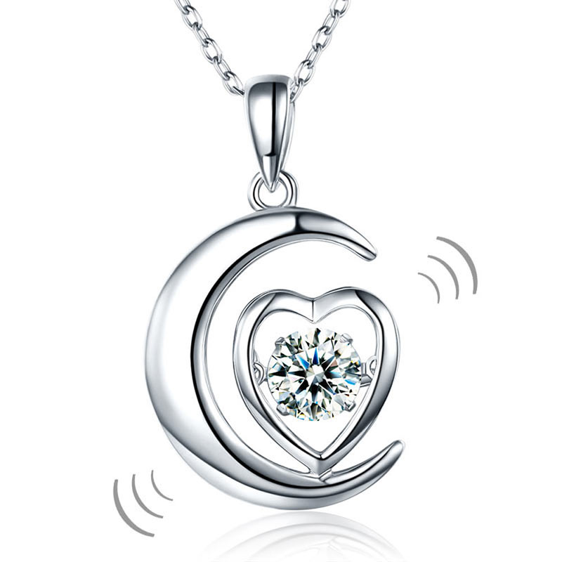 Dancing Stone Moon Heart Pendant Necklace 925 Sterling Silver Good for Bridal Bridesmaid Gift