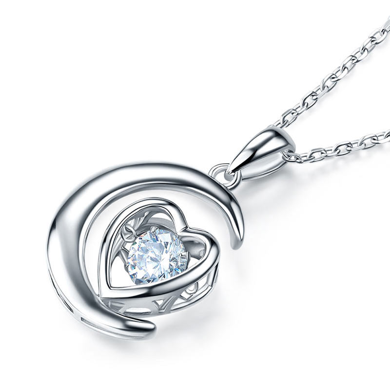 Dancing Stone Moon Heart Pendant Necklace 925 Sterling Silver Good for Bridal Bridesmaid Gift