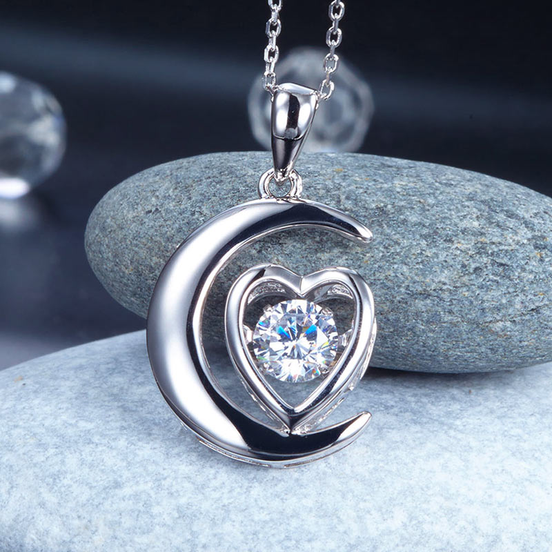Dancing Stone Moon Heart Pendant Necklace 925 Sterling Silver Good for Bridal Bridesmaid Gift