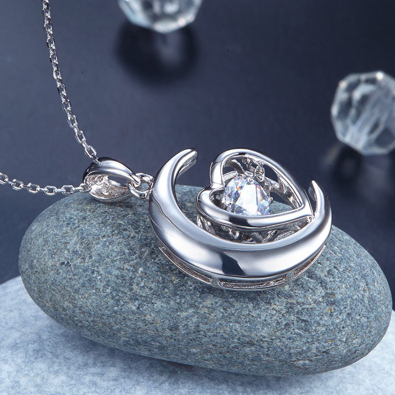 Dancing Stone Moon Heart Pendant Necklace 925 Sterling Silver Good for Bridal Bridesmaid Gift