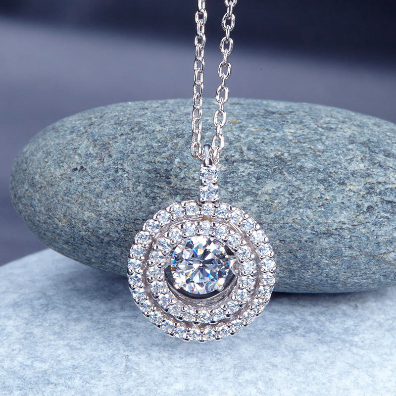 Dancing Stone Halo Pendant Necklace Solid 925 Sterling Silver