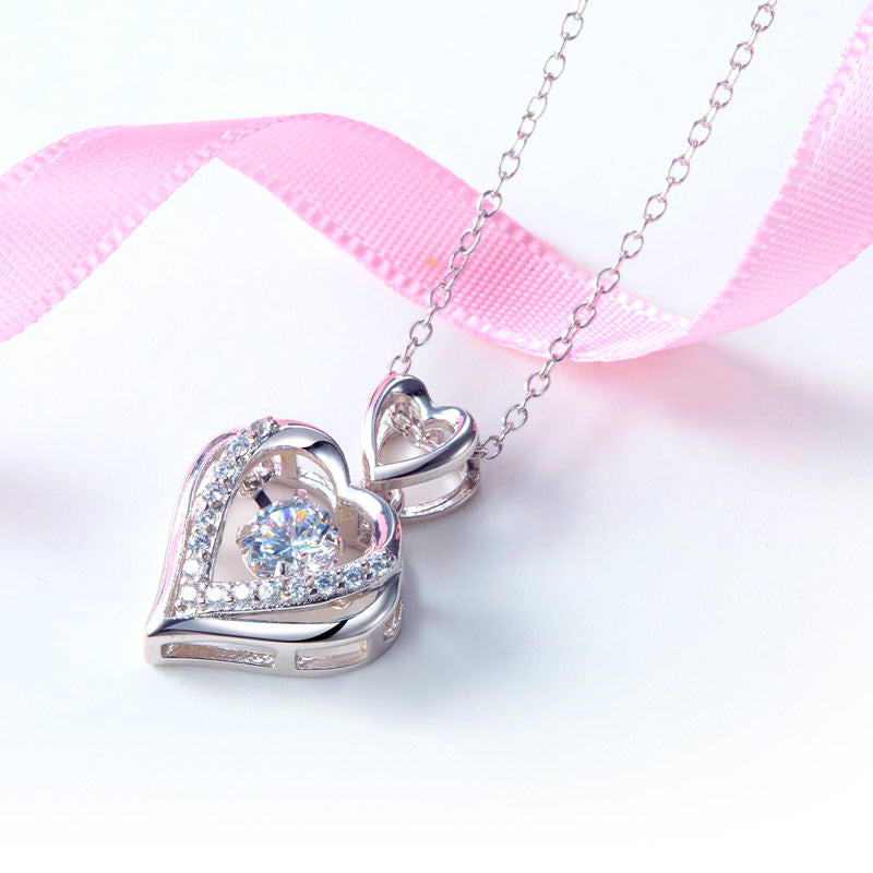 Double Heart Dancing Stone Pendant Necklace 925 Sterling Silver Good for Wedding Bridesmaid Gift