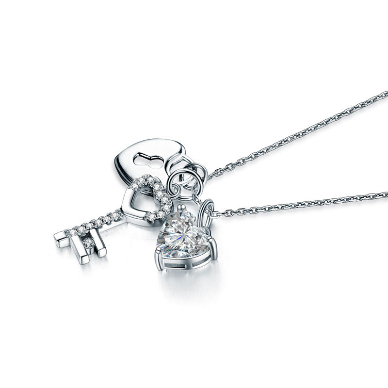 Love Heart Lock Key 925 Sterling Silver Pendant Necklace 1.5 Carat Simulated Diamond