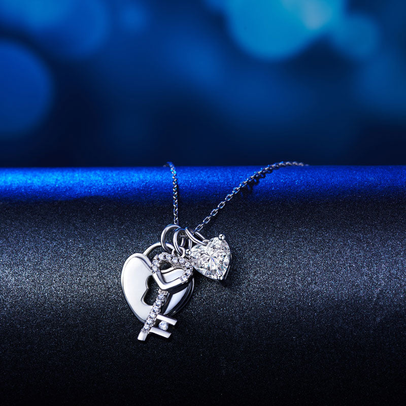 Love Heart Lock Key 925 Sterling Silver Pendant Necklace 1.5 Carat Simulated Diamond