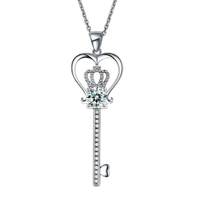 Love Heart Crown Key 925 Sterling Silver Pendant Necklace Simulated Diamond Jewelry 1.25 Carat