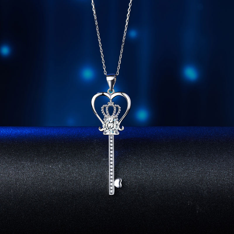 Love Heart Crown Key 925 Sterling Silver Pendant Necklace Simulated Diamond Jewelry 1.25 Carat