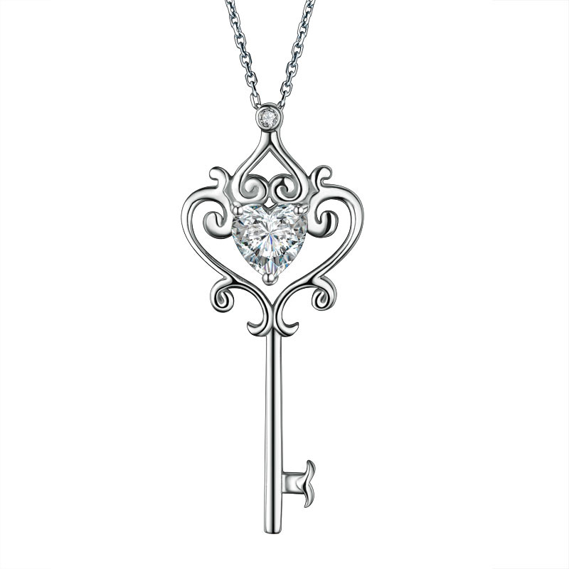 Love Heart Key 925 Sterling Silver Pendant Necklace Vintage Style 1.5 Carat Simulated Diamond