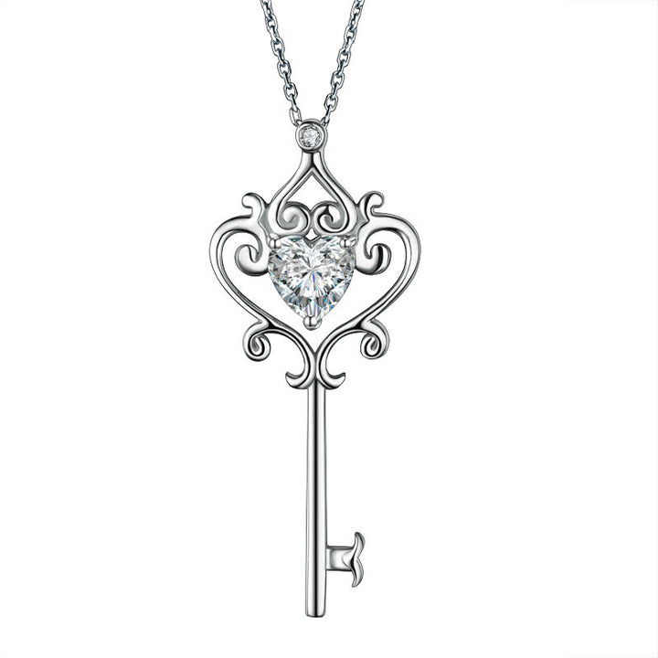 Love Heart Key 925 Sterling Silver Pendant Necklace Vintage Style 1.5 Carat Simulated Diamond