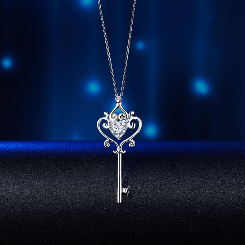 Love Heart Key 925 Sterling Silver Pendant Necklace Vintage Style 1.5 Carat Simulated Diamond