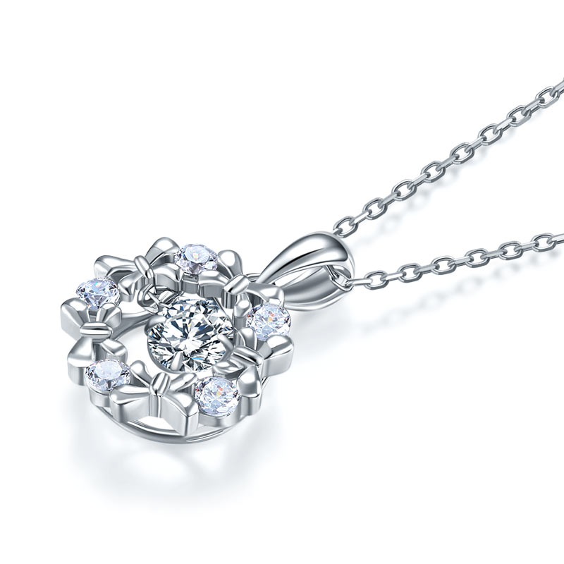 Dancing Stone Pendant Necklace 925 Sterling Silver Ribbon Flower