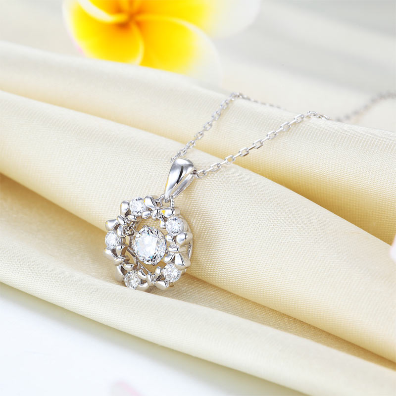 Dancing Stone Pendant Necklace 925 Sterling Silver Ribbon Flower