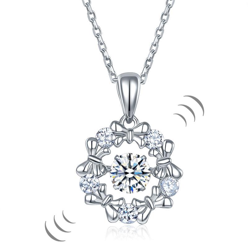 Dancing Stone Pendant Necklace 925 Sterling Silver Ribbon Flower