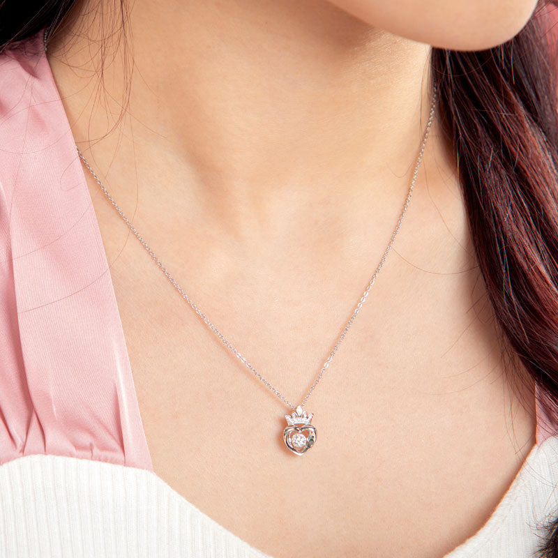 0.4 Carat Moissanite Diamond Dancing Stone Heart Crown Necklace 925 Sterling Silver