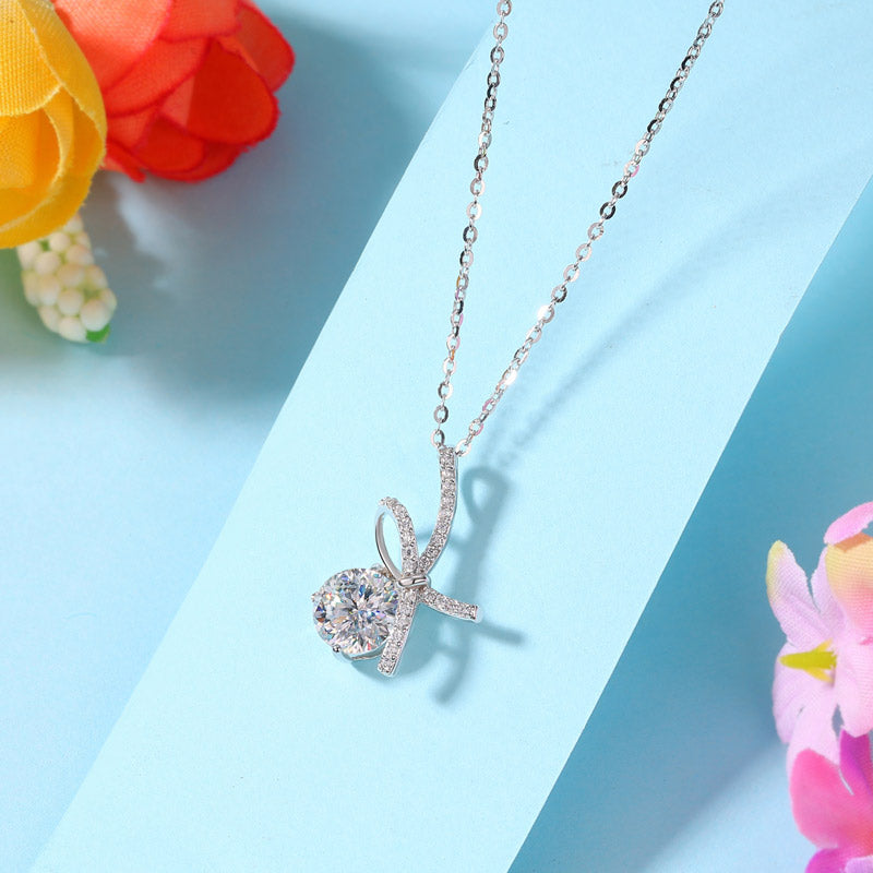 1 Carat Moissanite Diamond Ribbon Pendant Necklace 925 Sterling Silver